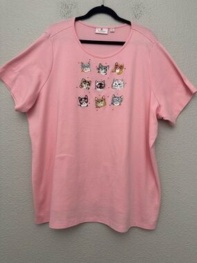 Quacker Factory 3X Pink Cat Lover T-Shirt Rhinestone Glasses Whimsical